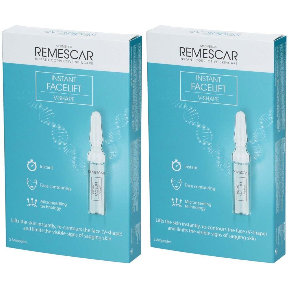 Deux boîtes de Remescar Instant Facelift V-Shape. Ampoules visibles. Autocollant 1+1 GRATUIT.