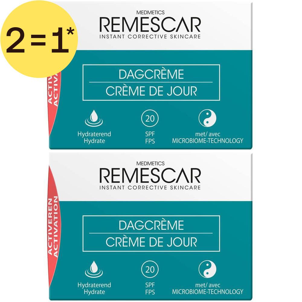 Deux paquets de crème de jour Remescar avec SPF 20, inscription "Crème de Jour" et "Hydraterend Hydrate".