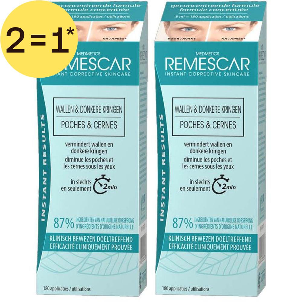 Deux boîtes avec image du produit et texte. Inscription: REMESCAR, POCHES & CERNES, 87% ingrédients naturels.