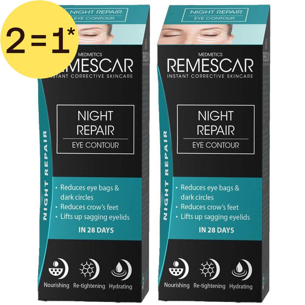 Deux boîtes de Remescar Night Repair. Inscription: Night Repair Eye Contour. Réduit les poches, les cernes, les pattes d'oie.