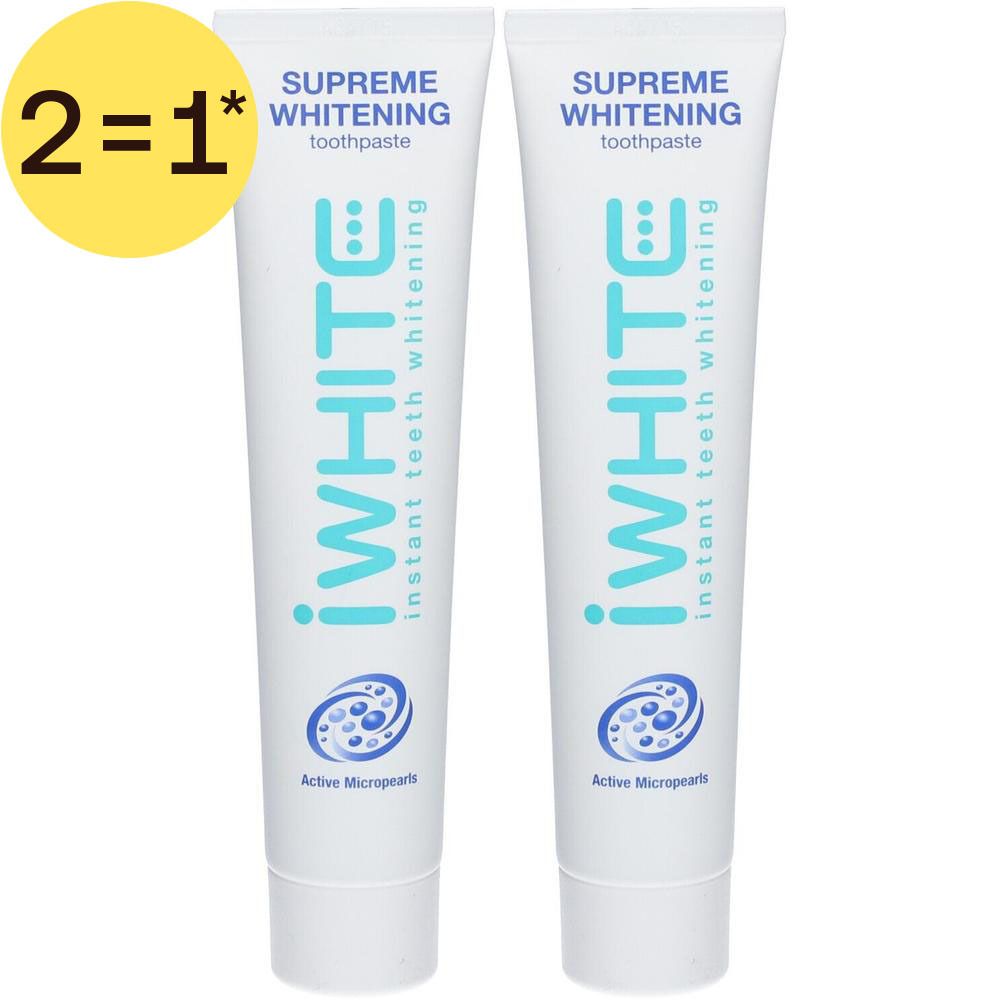 Deux tubes de dentifrice. Inscription : iWhite, Supreme Whitening, Instant Teeth Whitening. Avec étiquette 1+1 GRATUIT.