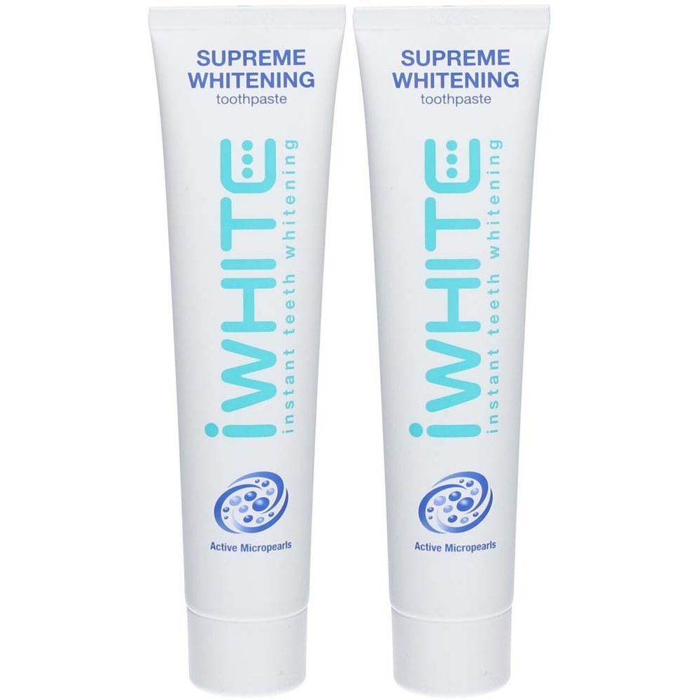 Emballage de dentifrice avec deux boîtes et un tube. Inscription : iWhite, Supreme Whitening, Instant Teeth Whitening.
