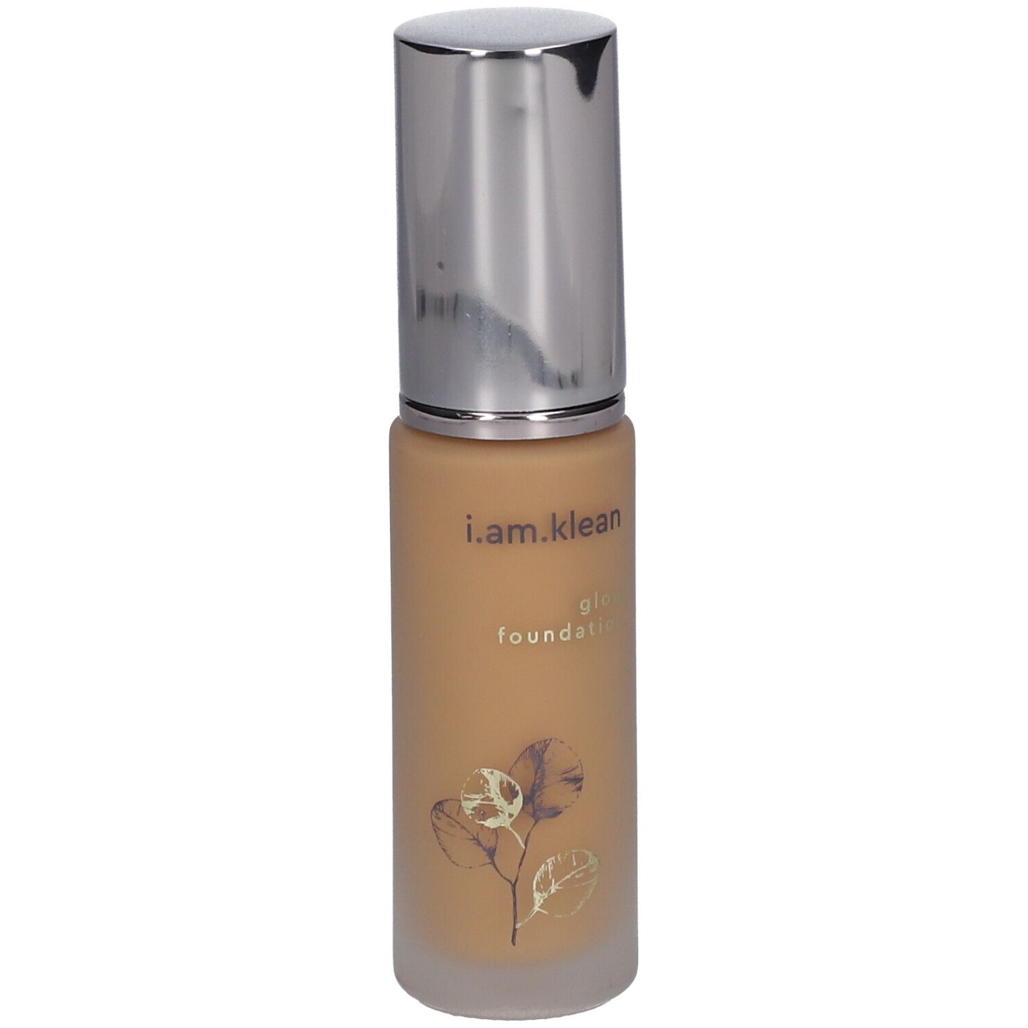 Fond de teint liquide en flacon de verre avec bouchon argenté. Inscription : i.am.klean glow foundation.