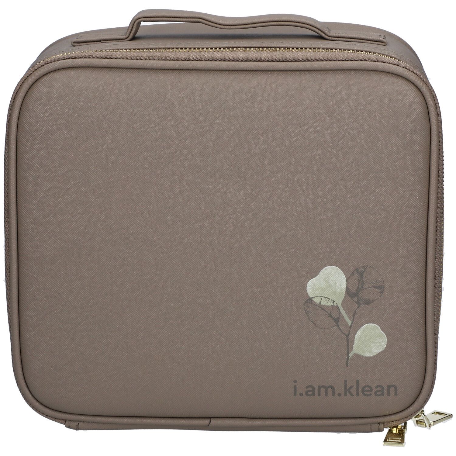Beigefarbener Kosmetikkoffer mit Reißverschluss und Tragegriff. Aufdruck: Blätter und Schriftzug i.am.klean.