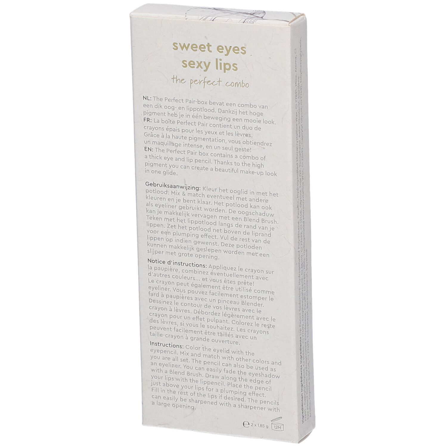 Dos de l'emballage en carton. Texte en plusieurs langues. Inscription : sweet eyes sexy lips the perfect combo.
