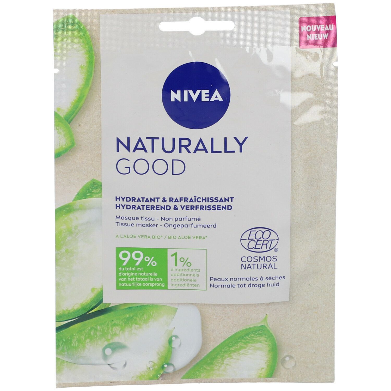 NIVEA Naturally Good Tuchmaske, Vorderseite. Verpackung mit Logo, Text und Aloe Vera-Motiv. EcoCert-Siegel.