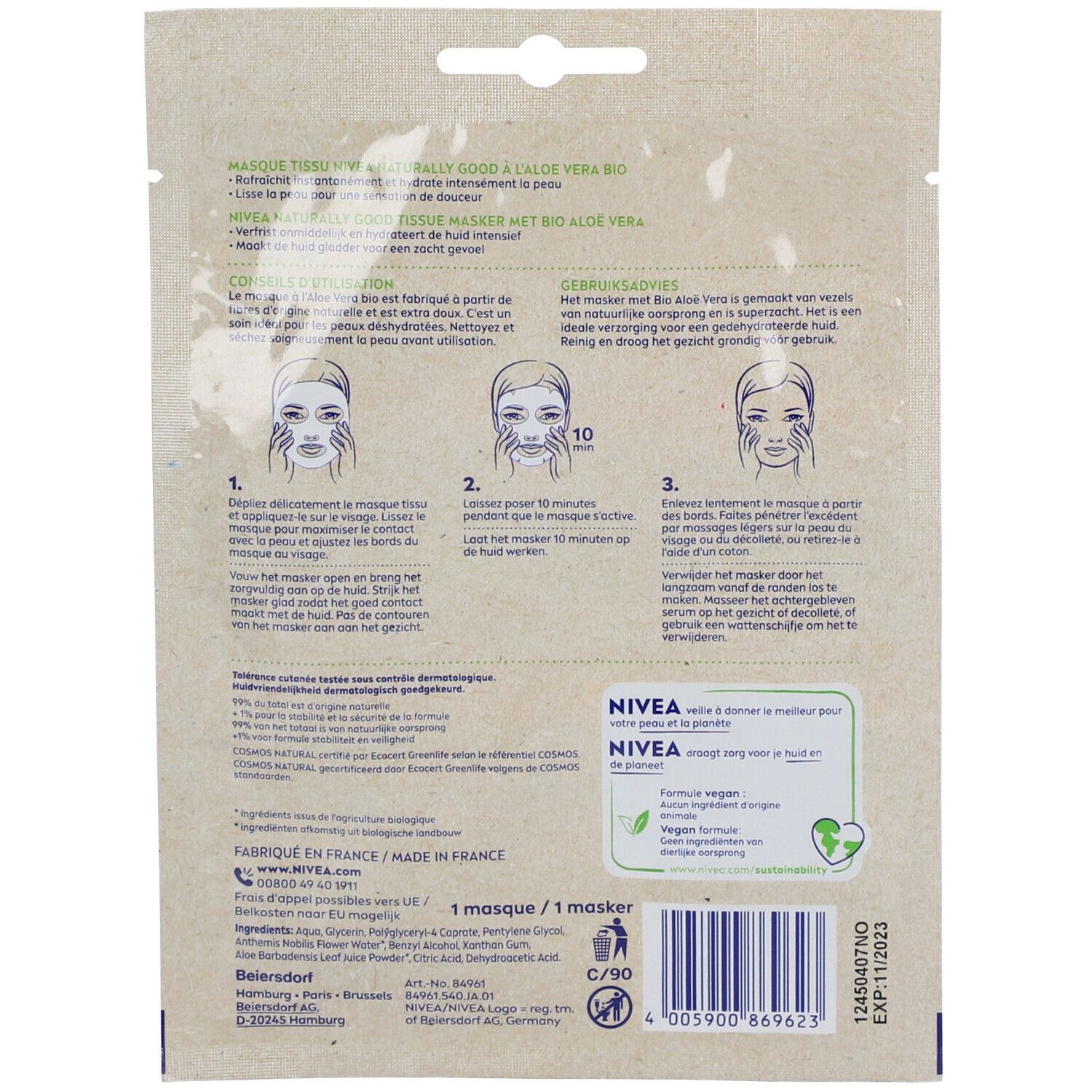 Rückseite der NIVEA Naturally Good Tuchmaske. Text, Anwendungsanleitung und Logo. Angaben zu Inhaltsstoffen und Zertifizierungen.
