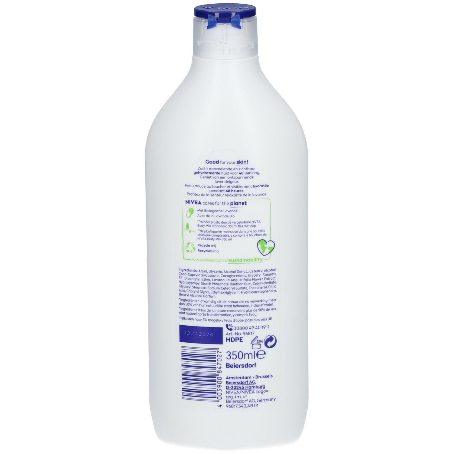 Weiße Flasche mit blauem Deckel. Aufschrift: NIVEA Naturally Good Lavendel Bodylotion. 350ml. Text in mehreren Sprachen.