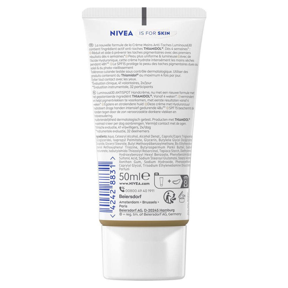 Dos de la crème mains NIVEA® CELLULAR LUMINOUS630®. Contient les ingrédients, instructions et "THIAMIDOL®".