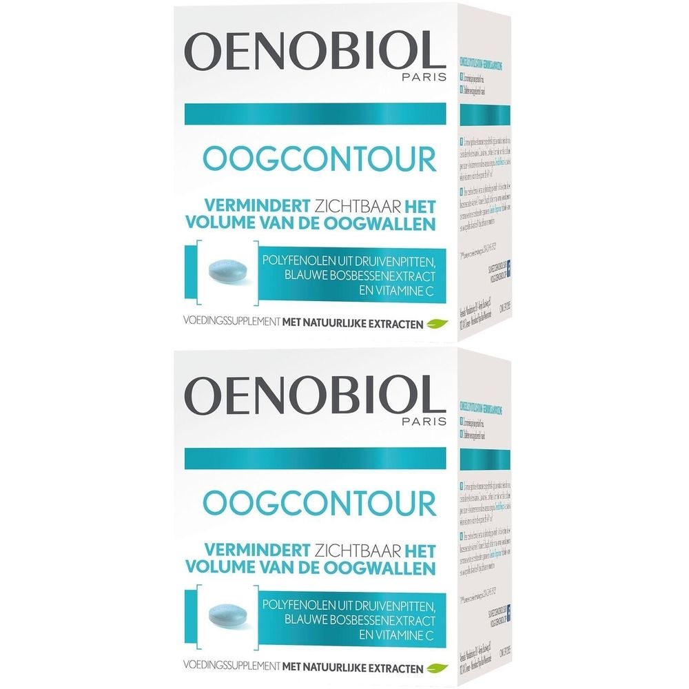 Zwei weiße Schachteln mit blauer Schrift. OENOBIOL, Oogcontour, reduziert sichtbar das Volumen der Augenschatten. Enthält Blaubeerextrakt.