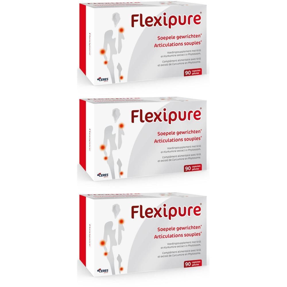 Drei weiße Flexipure-Verpackungen mit roter Akzentfarbe. Aufdruck: Flexipure, 90 Kapseln, Gelenke.