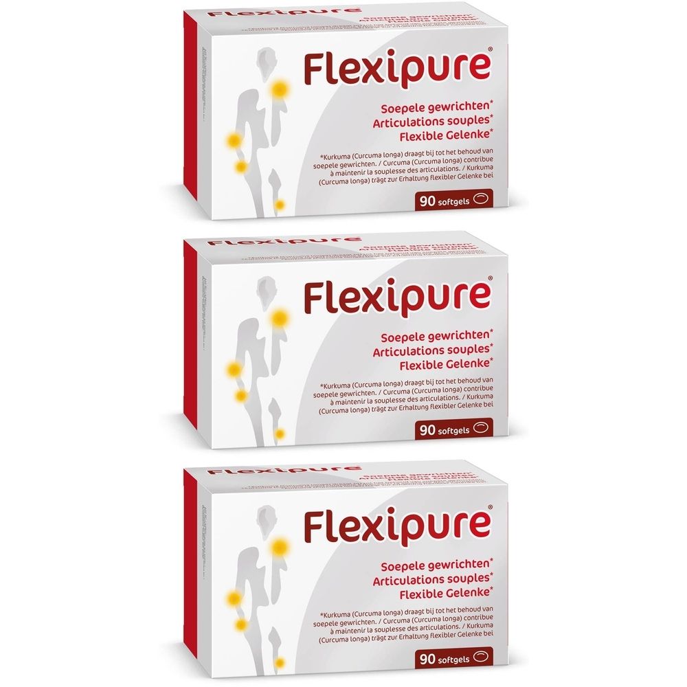 Trois boîtes blanches Flexipure avec accents rouges. Inscription: Flexipure, 90 gélules, articulations.