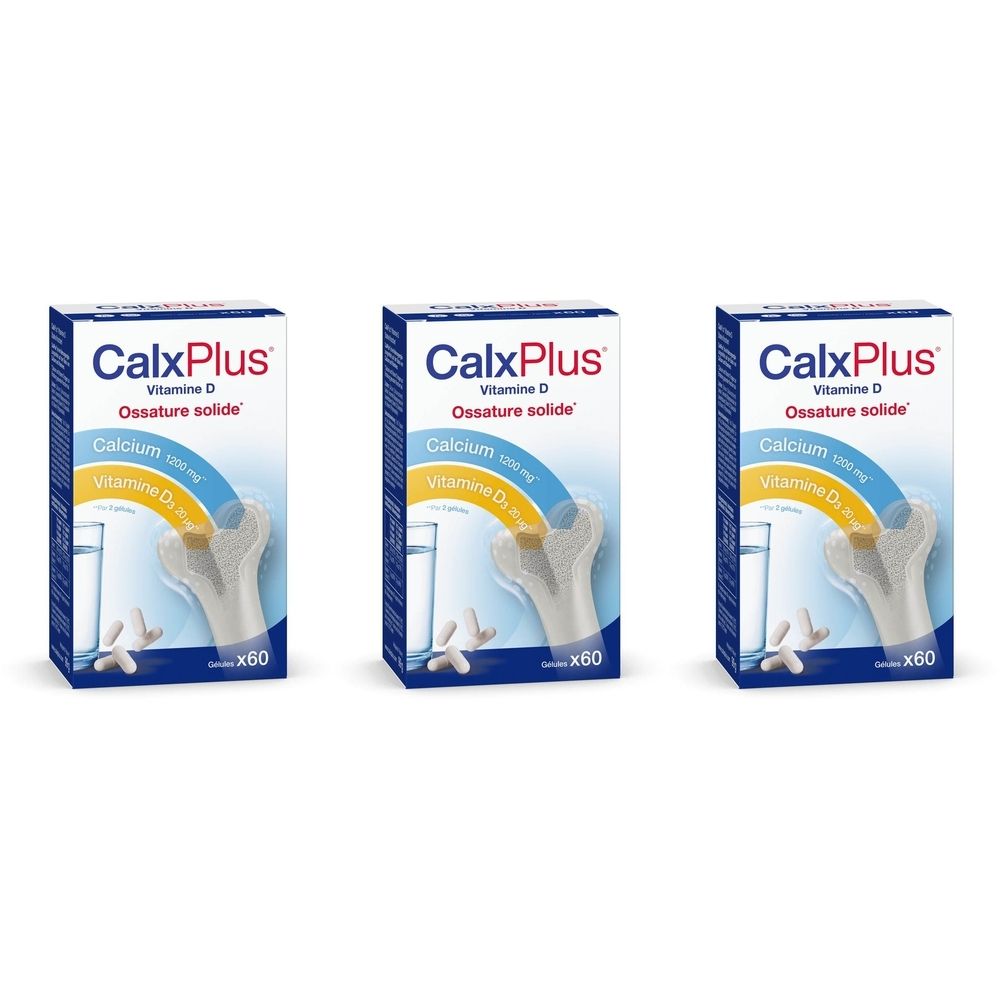 Trois boîtes CalxPlus, emballage bleu et blanc. Inscription : Calcium, Vitamine D, Ossature solide. Chaque boîte contient x60.