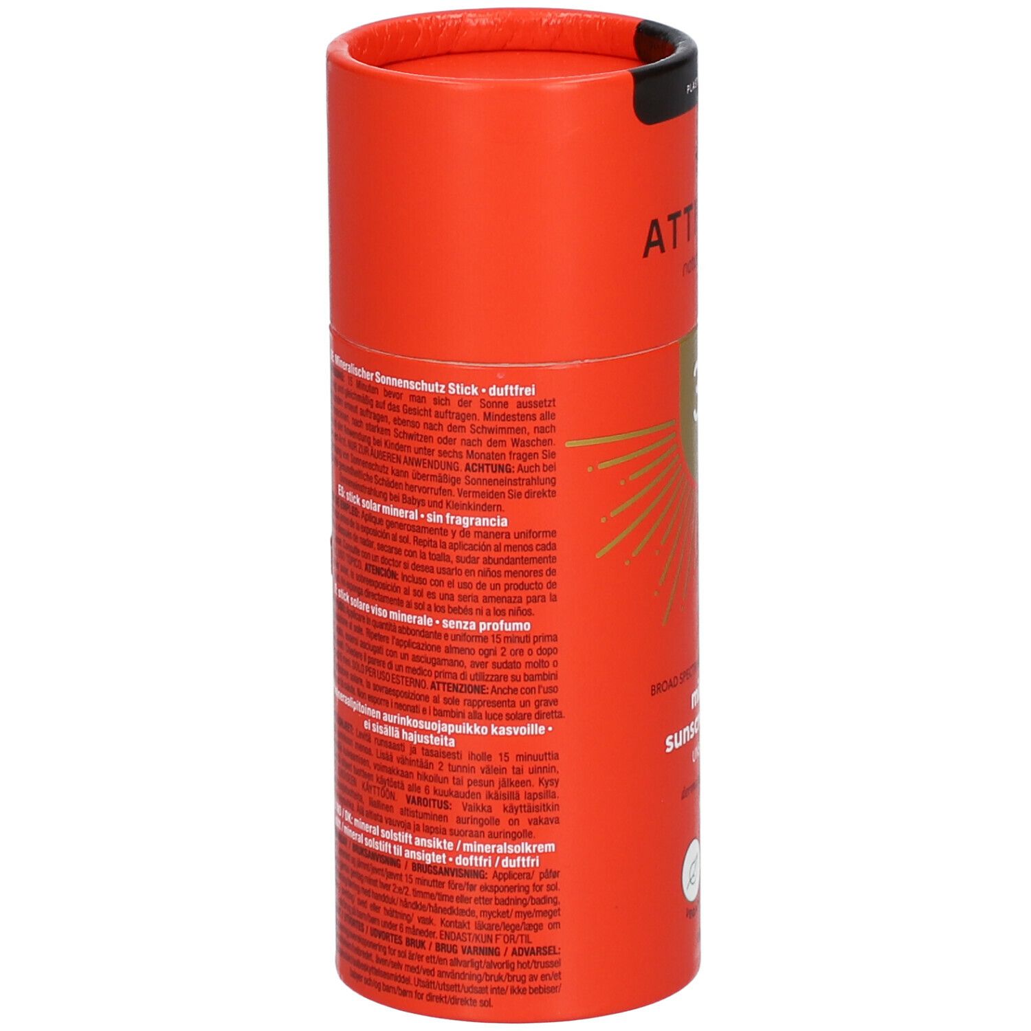 Roter Sonnenschutzstick mit Texten in mehreren Sprachen. Rückseite mit Produktinformationen und Inhaltsstoffen.