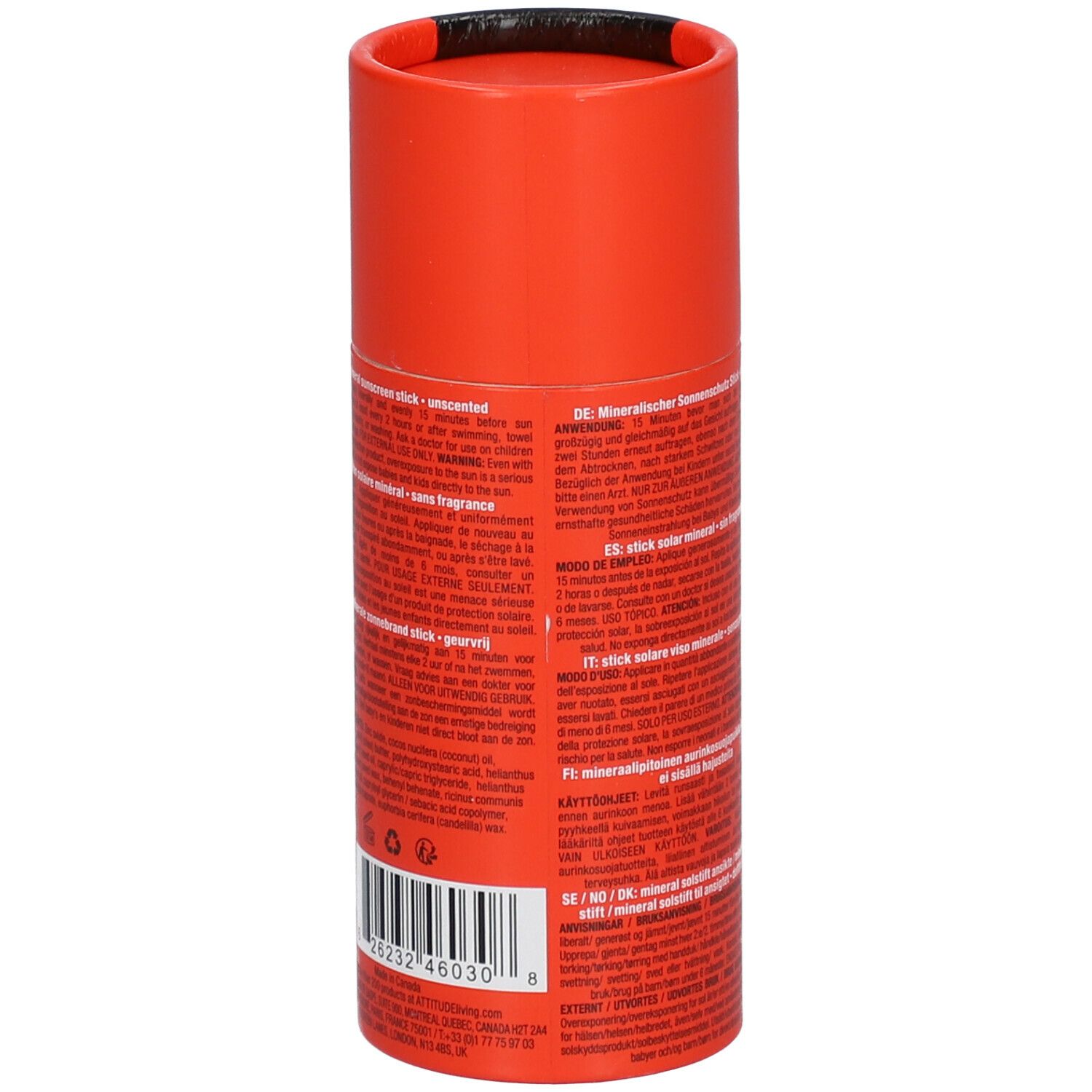 Roter Sonnenschutzstick mit Texten und Barcode. Rückseite mit Produktinformationen und Inhaltsstoffen.