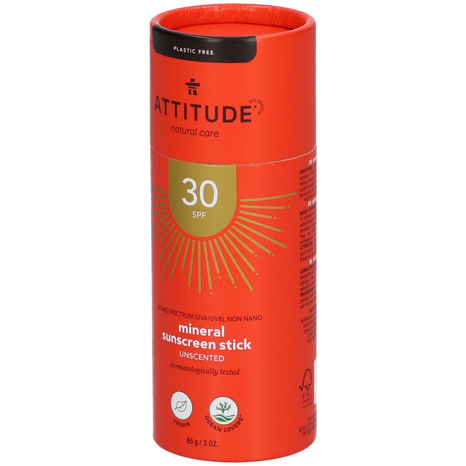 Roter Sonnenschutzstick mit Aufschrift ATTITUDE, LSF 30, mineralisch, unparfümiert. Vegan, dermatologisch getestet.