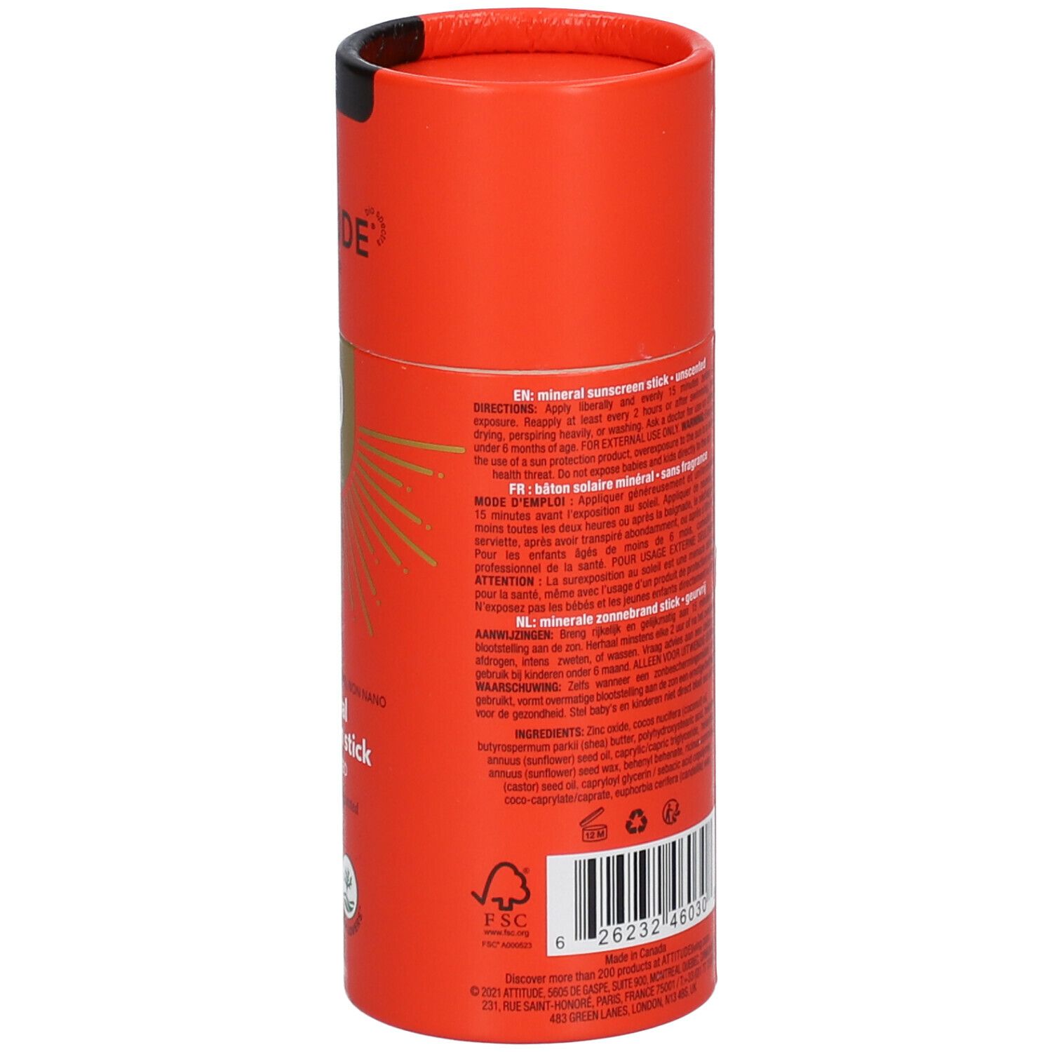 Roter Sonnenschutzstick mit Texten in mehreren Sprachen. Rückseite mit Produktinformationen und Inhaltsstoffen.