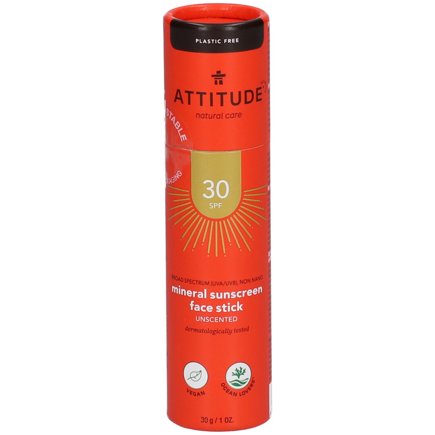 Zylindrische Verpackung, orangefarben mit Produktinformationen. "ATTITUDE"-Logo, "SPF 30" und "mineral sunscreen face stick" sichtbar.