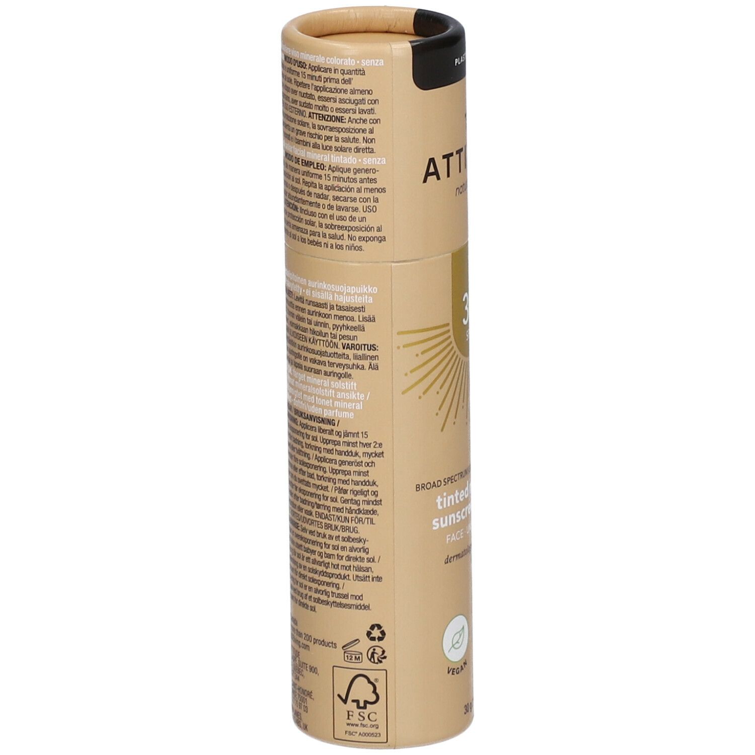 Emballage cylindrique. Dos avec informations produit. Certification FSC. Logos végétalien et Ocean Lovers.