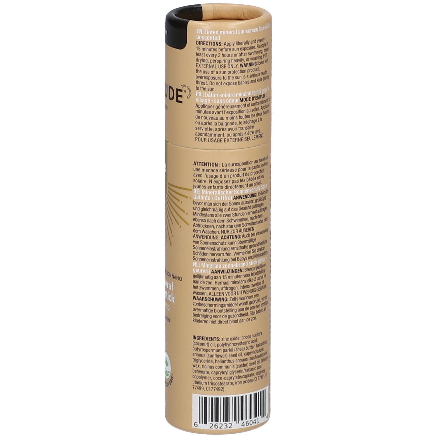 Emballage cylindrique. Dos avec informations produit. Ingrédients et instructions d'utilisation. Code-barres.