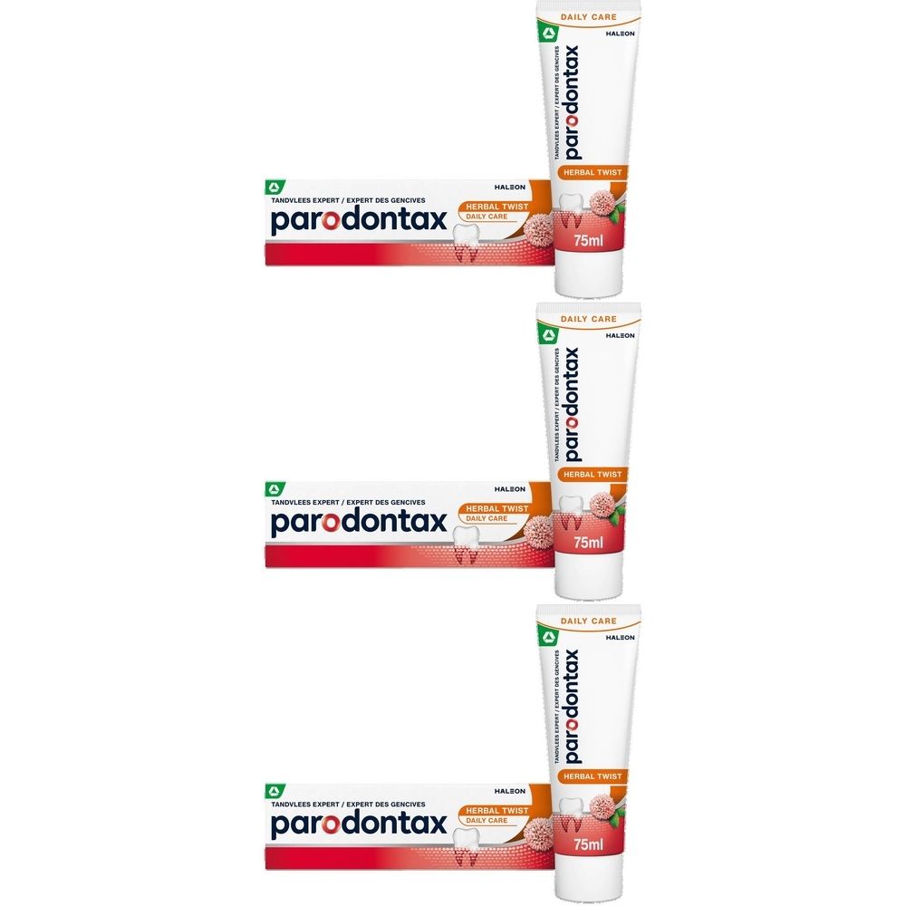 Trois tubes de dentifrice parodontax Herbal Twist. Inscription: Aide à empêcher le saignement des gencives. Gingembre & Menthe.