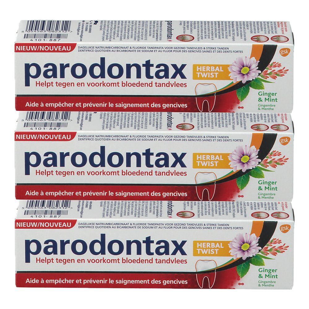 Trois boîtes de dentifrice parodontax Herbal Twist. Inscription: Aide à empêcher le saignement des gencives. Gingembre & Menthe.