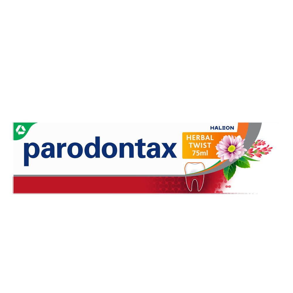 Tube de dentifrice parodontax Herbal Twist. Inscription: 75ml. Gingembre & Menthe.