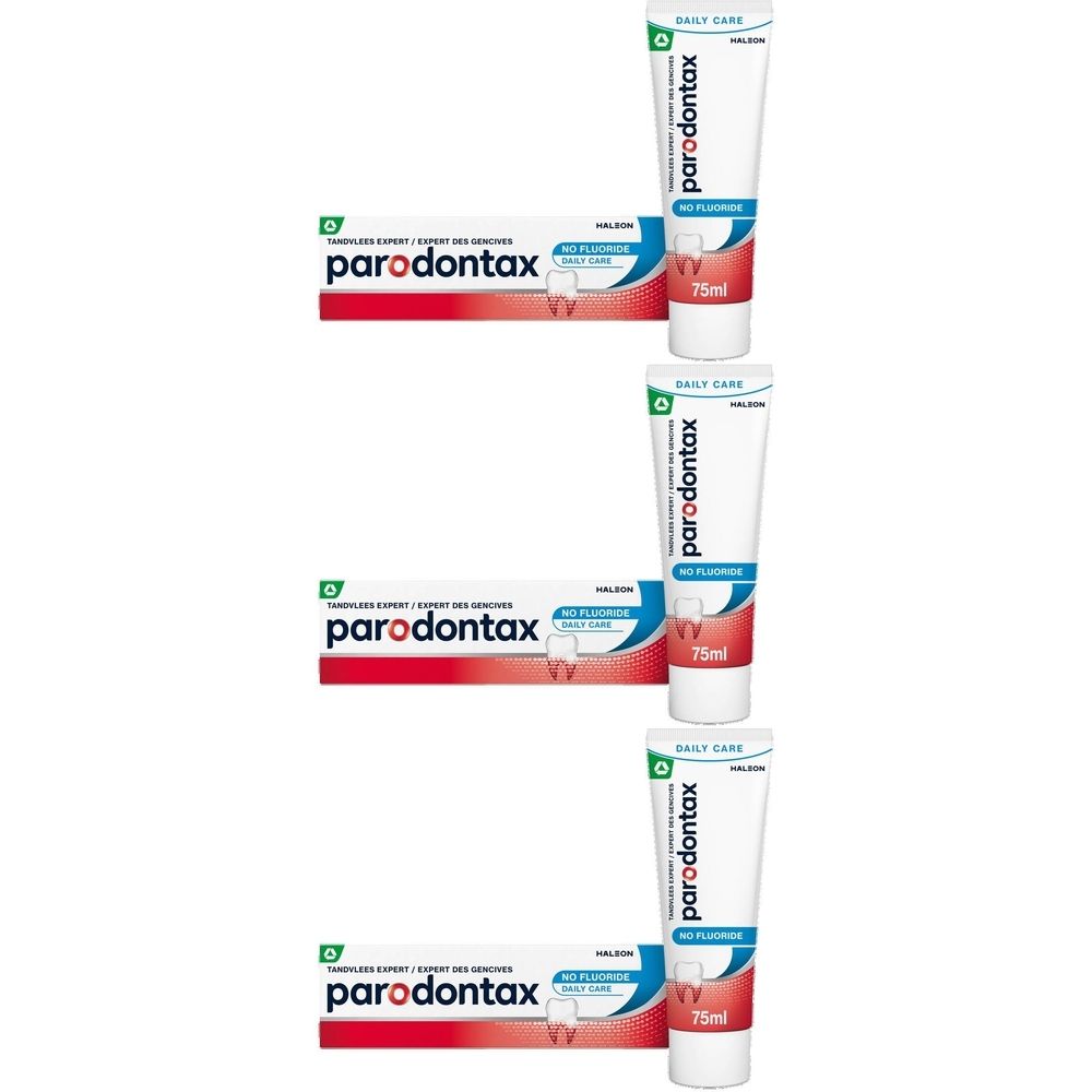 Trois tubes et boîtes de dentifrice. Blanc, rouge et vert. Inscription : parodontax, NO Fluoride.