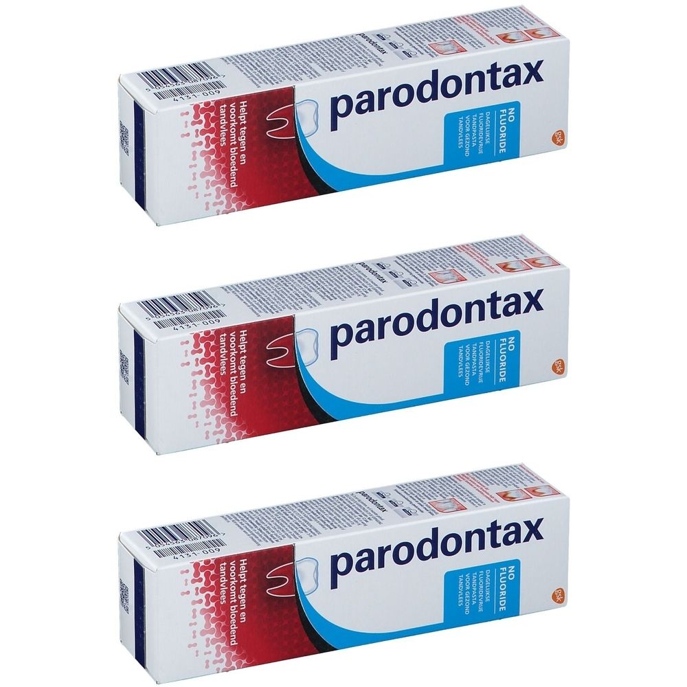 Trois boîtes de dentifrice Parodontax sans fluor. Emballage blanc et bleu avec un accent rouge.
