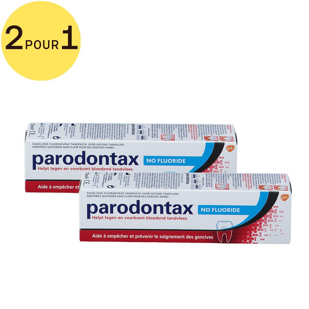 Deux boîtes de dentifrice Parodontax sans fluor. Emballage blanc et bleu avec un accent rouge. Offre 2 pour 1.