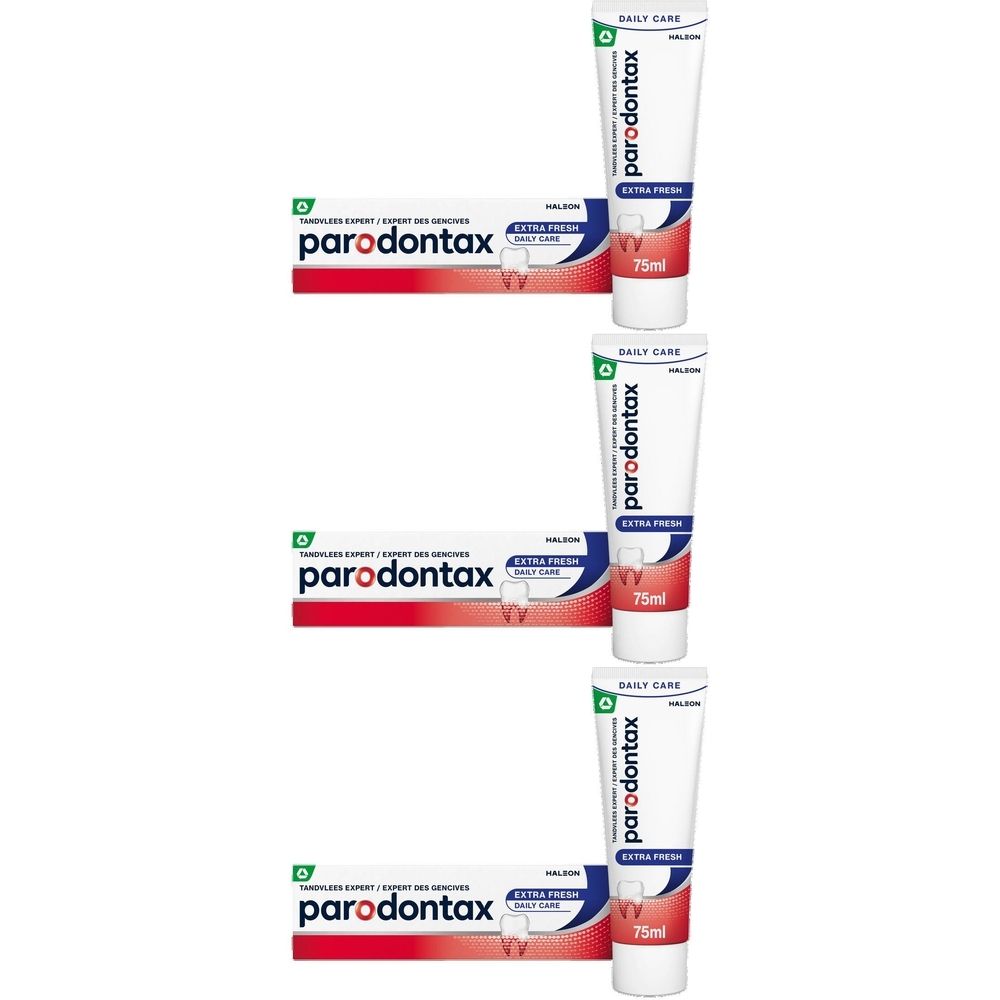 Tubes et boîtes de dentifrice. Inscription : Parodontax Extra Fresh. 75ml. Emballage vert, blanc et rouge.