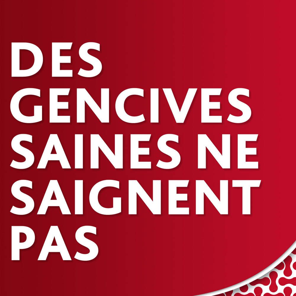 Texte sur fond rouge: Des gencives saines ne saignent pas.