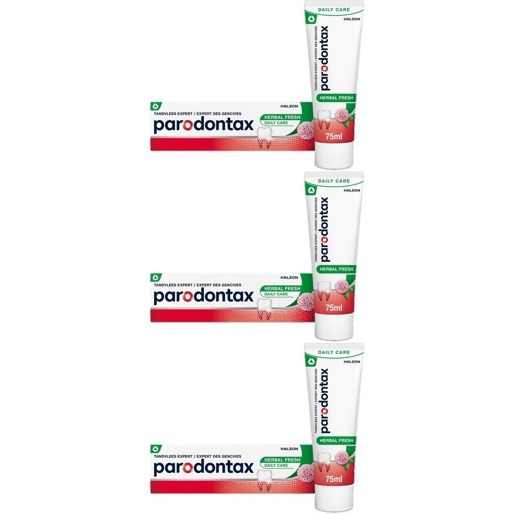 Trois boîtes de dentifrice parodontax® Herbal Fresh. Tubes blancs avec texte rouge et vert. Image d'une fleur.