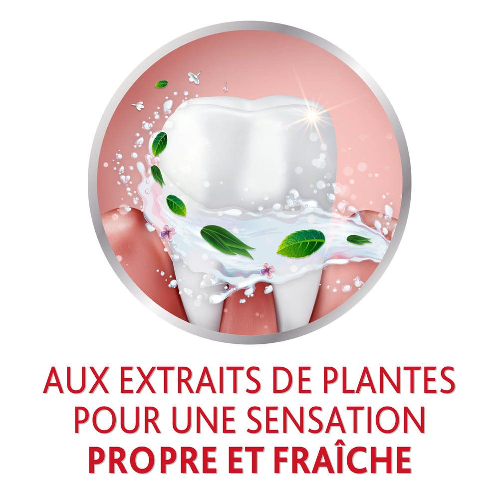 Gros plan rond avec dent et texte : 4x plus efficace qu'un dentifrice ordinaire pour enlever la plaque dentaire.