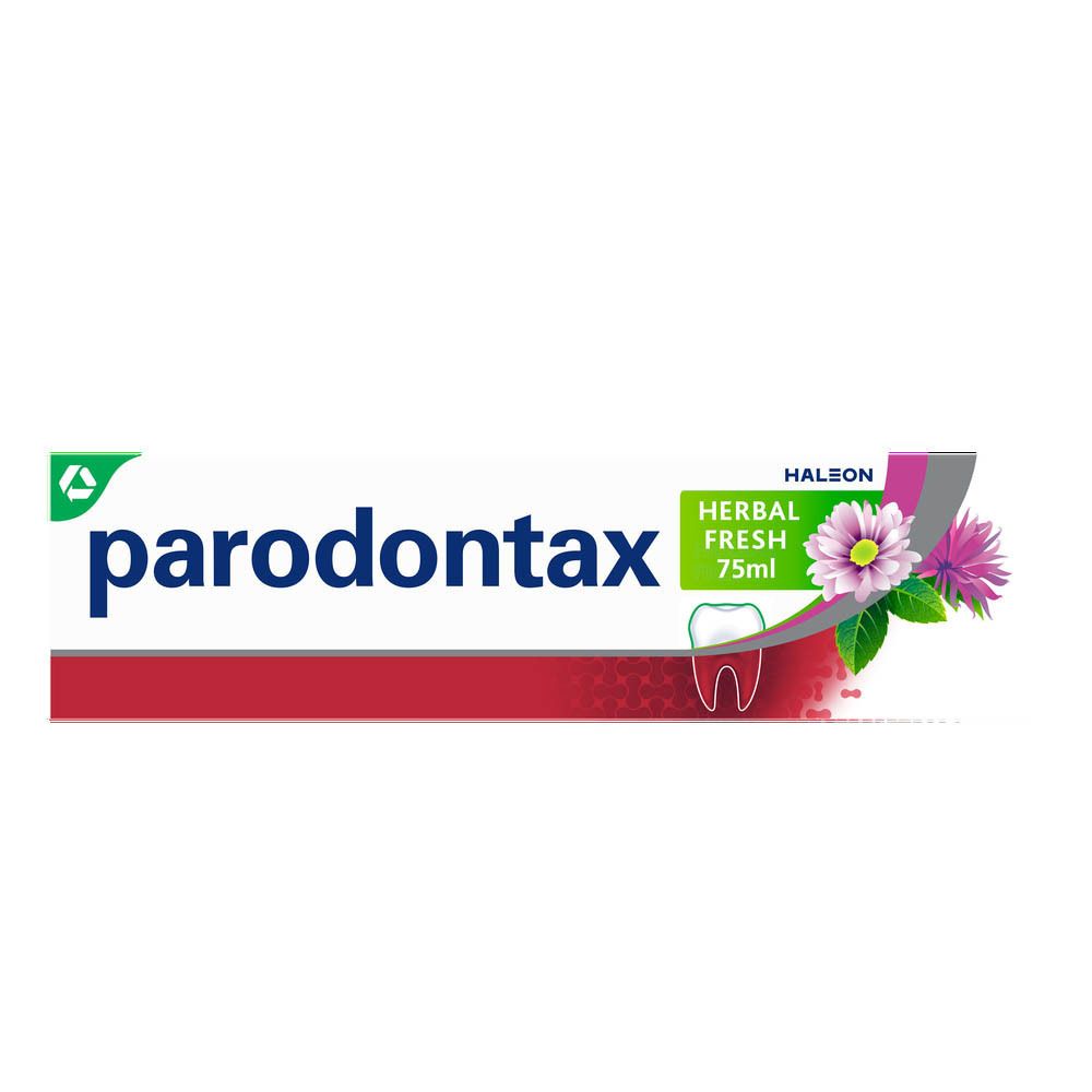 Tube blanc de dentifrice parodontax® Herbal Fresh. Texte rouge et vert. 75ml.