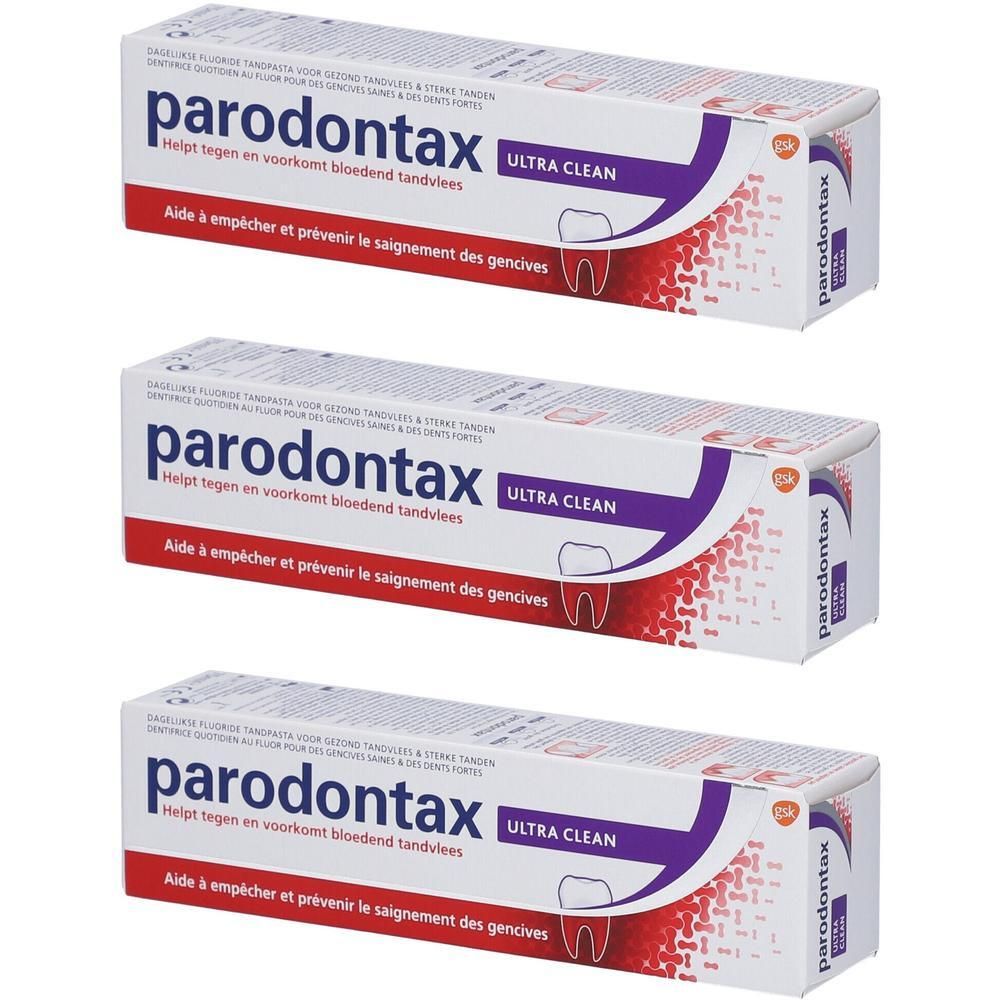 Drei Packungen Parodontax Ultra Clean Zahnpasta. Weiße Schachteln mit rotem und violettem Design.