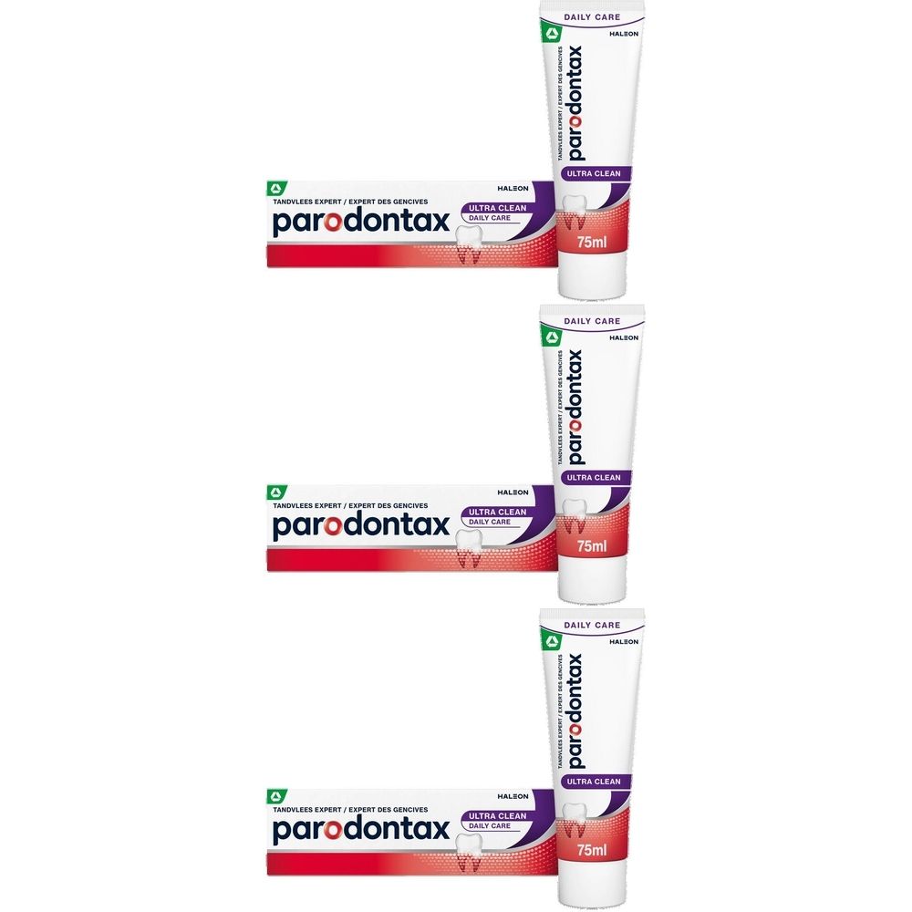 Trois boîtes de dentifrice Parodontax Ultra Clean. Boîtes blanches avec design rouge et violet.
