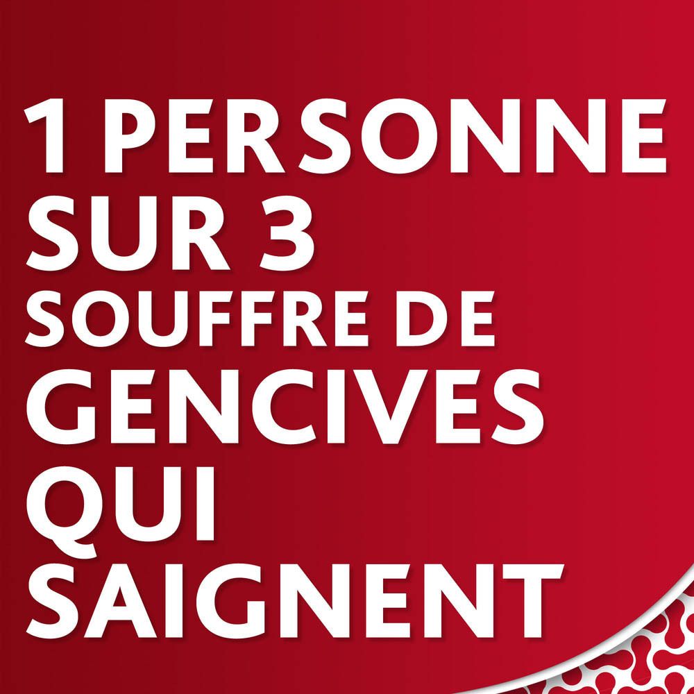 Texte sur fond rouge : "4 X PLUS EFFICACE" et texte sur l'élimination de la plaque et le saignement des gencives.
