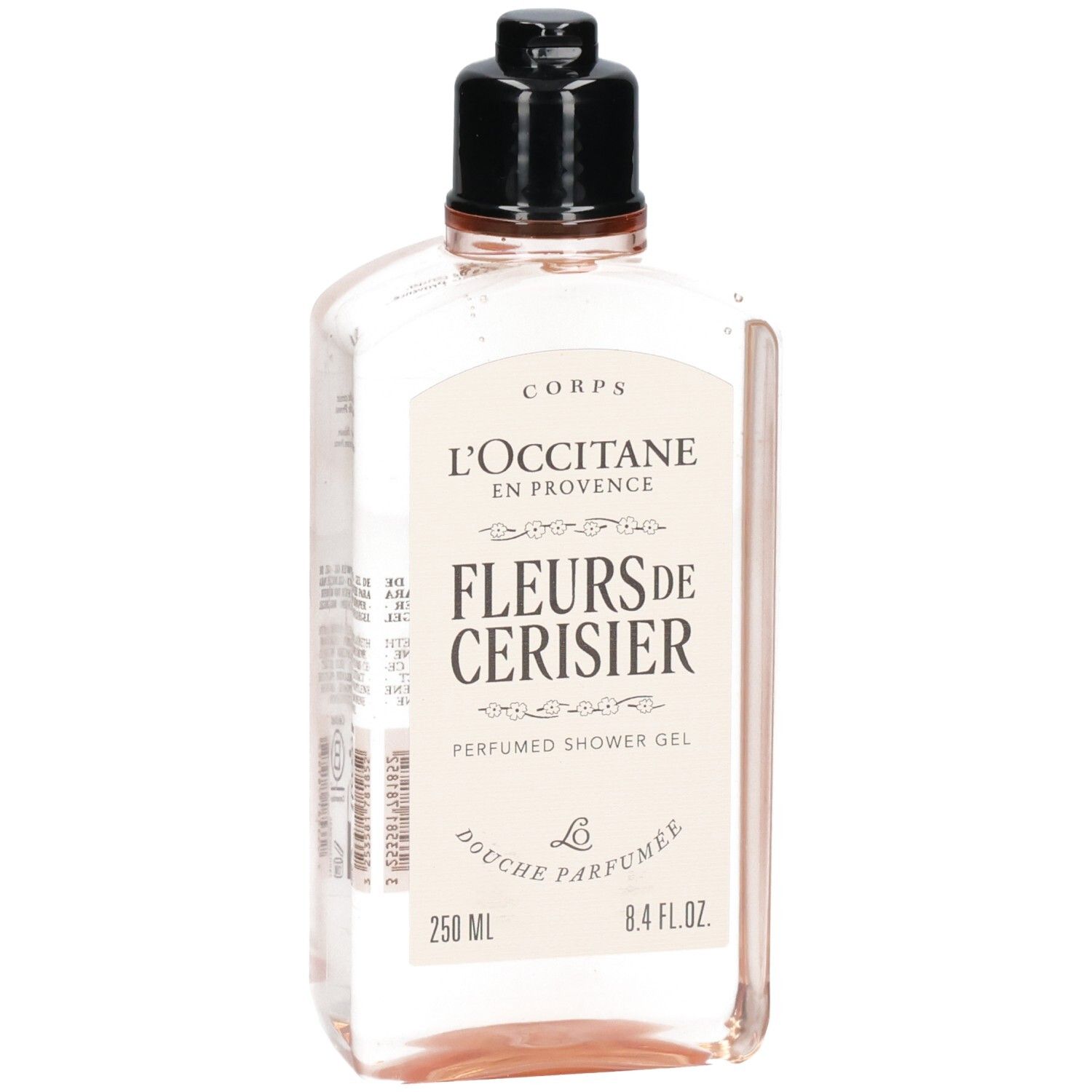 Gel douche L'Occitane Fleurs de Cerisier dans un flacon transparent avec bouchon noir.