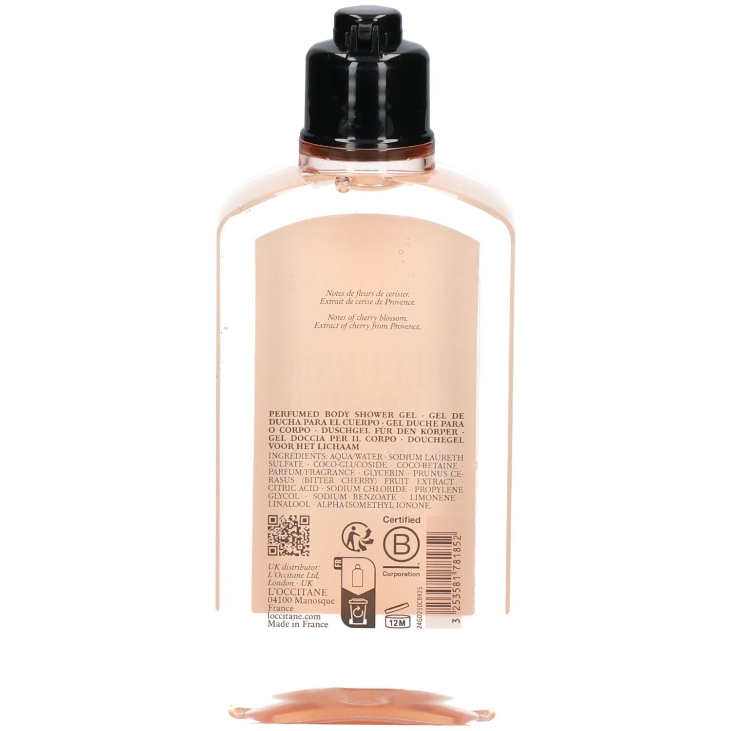 Gel douche L'Occitane Fleurs de Cerisier, vue arrière avec informations produit.