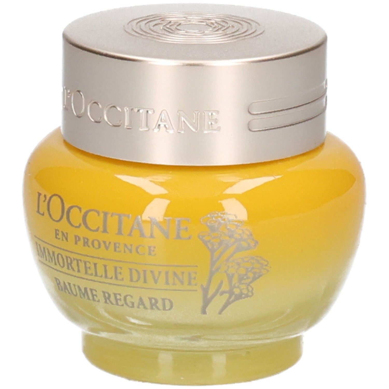 L'OCCITANE Baume Regard Immortelle Divine, pot jaune avec couvercle argenté et motif floral.