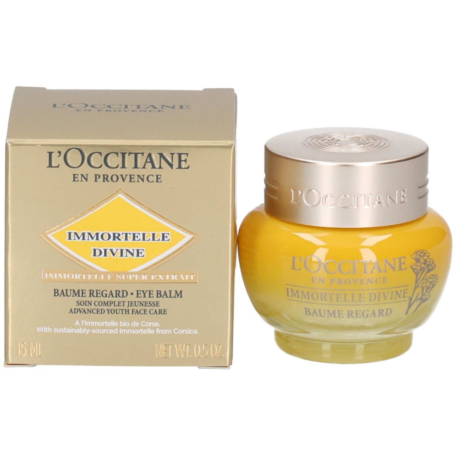 L'OCCITANE Baume Regard Immortelle Divine et son emballage, boîte dorée avec informations produit.