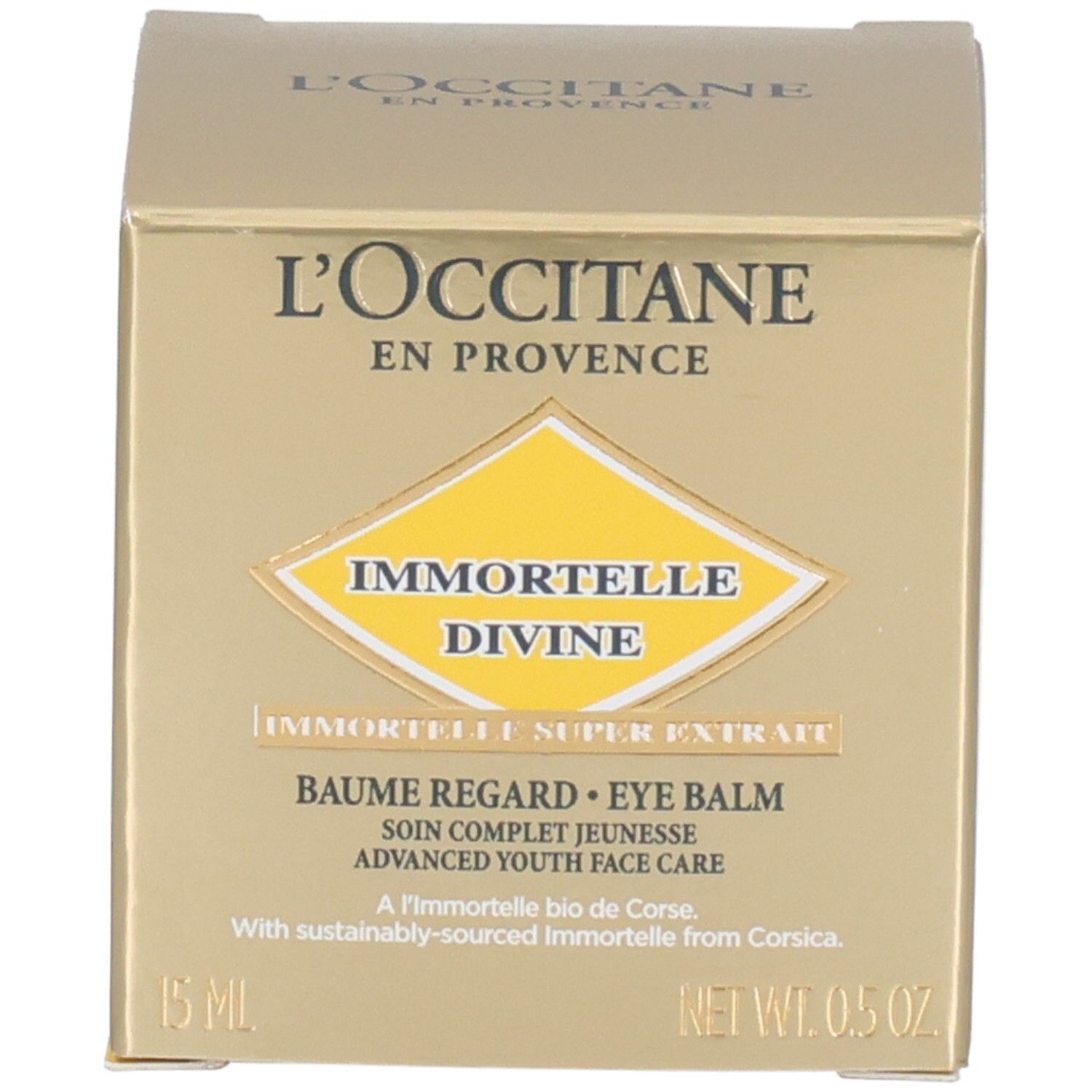Emballage doré pour L'OCCITANE Baume Regard Immortelle Divine avec nom et détails produit.