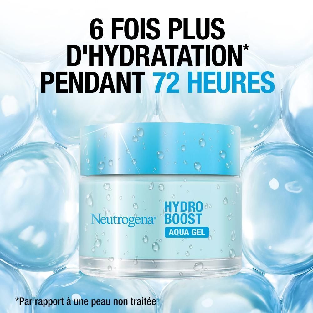Neutrogena Hydro Boost Aqua Gel entouré de bulles d'eau.