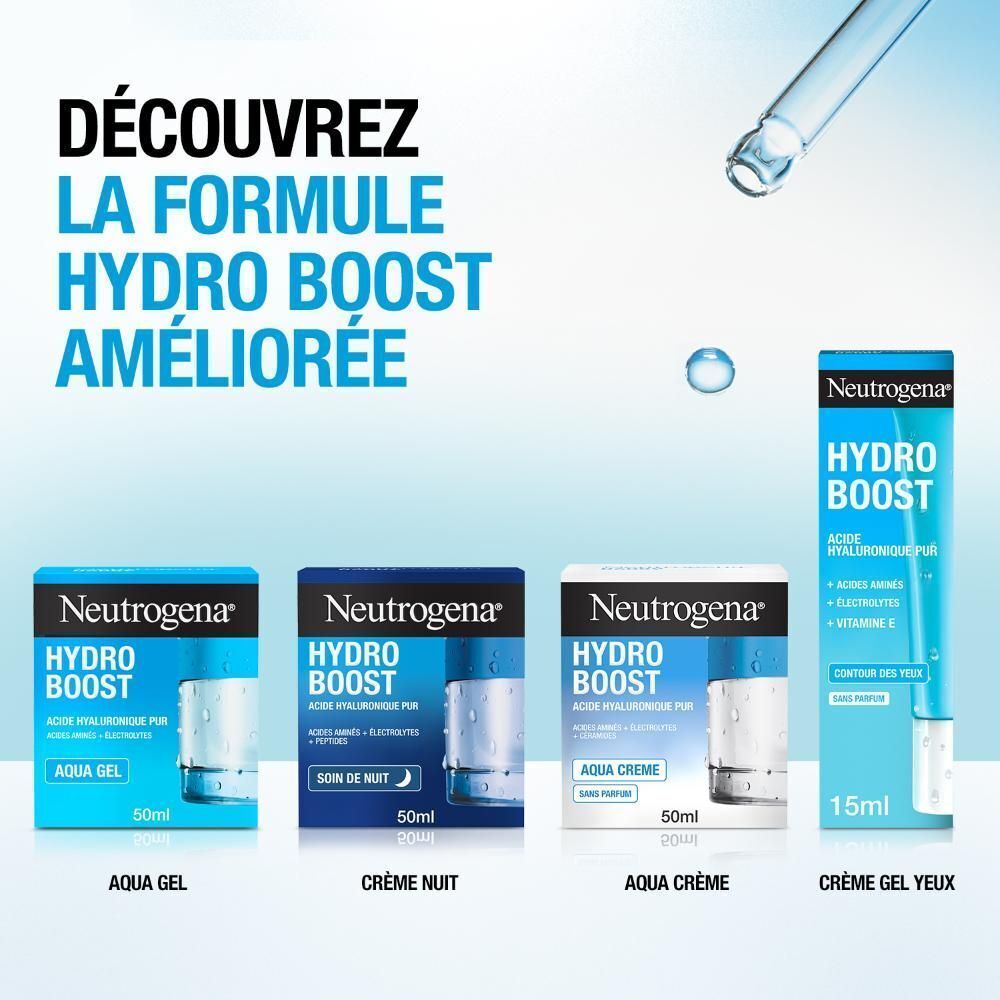 Gamme Neutrogena Hydro Boost : Aqua Gel, Crème Nuit, Aqua Crème, Crème Yeux.