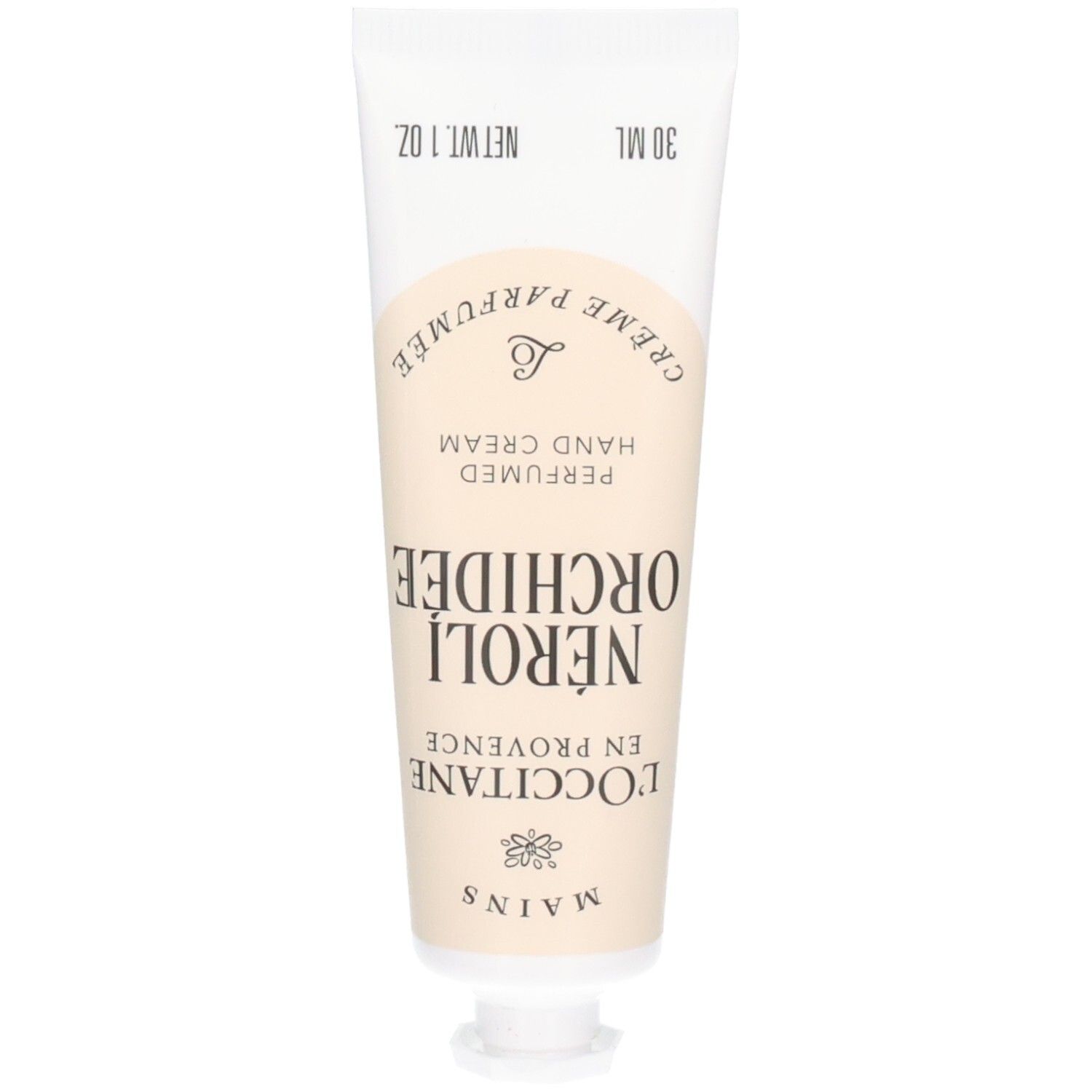 Weiße Tube mit beiger Banderole, L'Occitane Handcreme Neroli & Orchidee.
