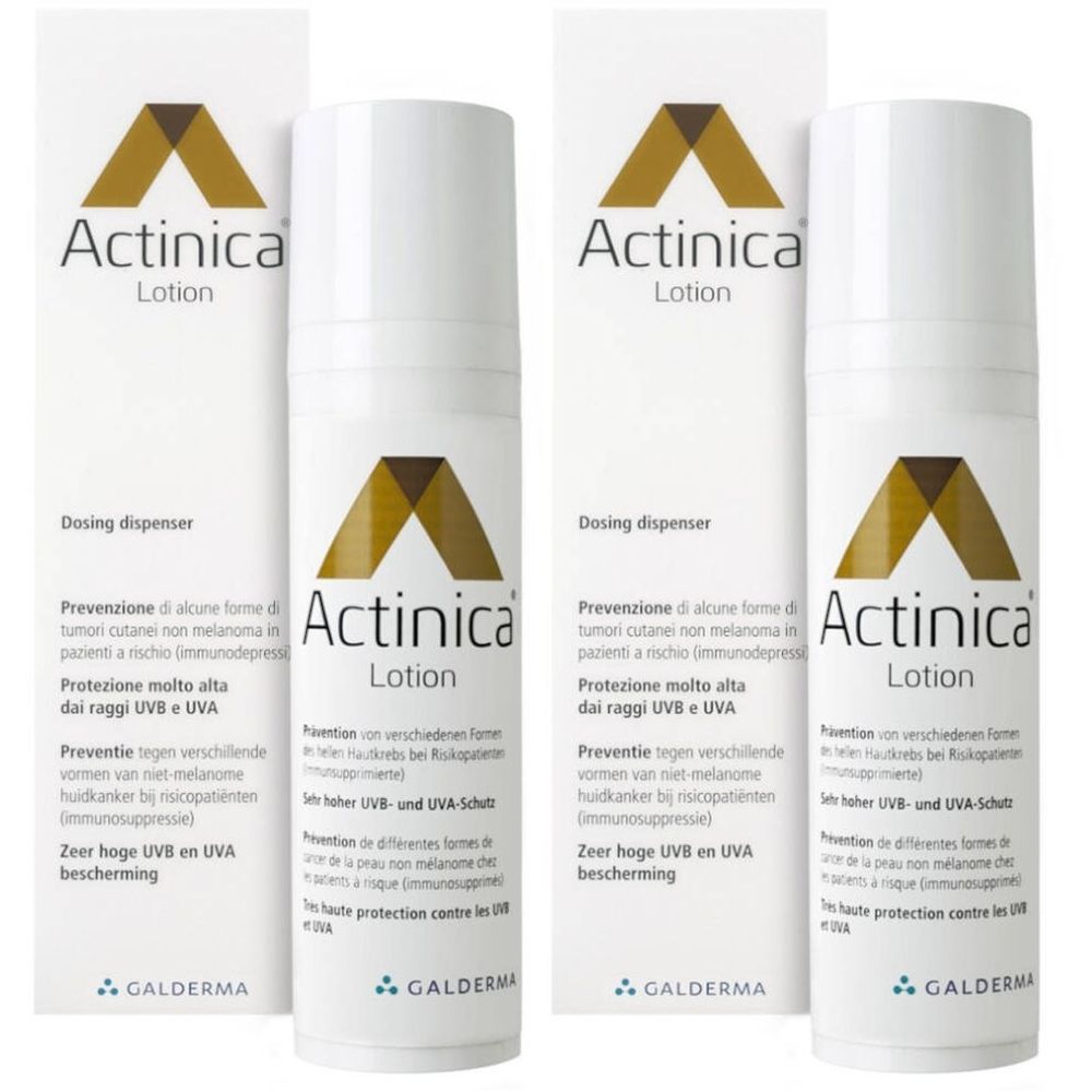 Zwei Flaschen und zwei Verpackungen von Actinica Lotion. Weiß, mit braunem Logo und Text. Dosing Dispenser.