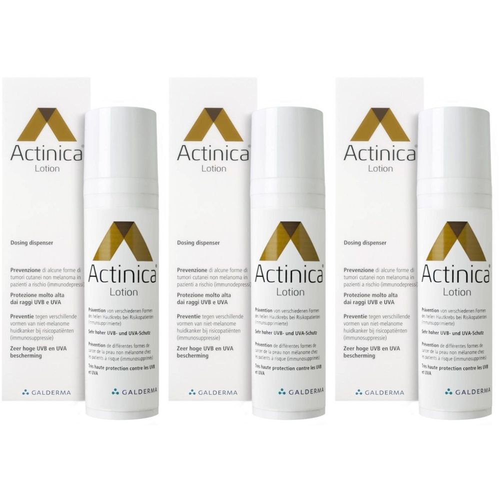 Cinq flacons de lotion Actinica® avec distributeur et emballage. Design de bouteille blanche avec logo et texte brun.