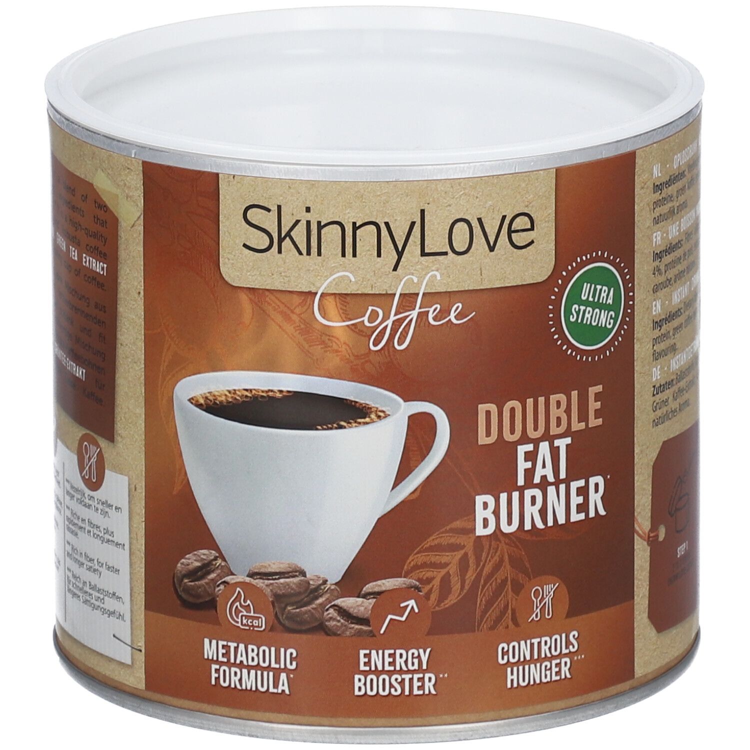 Dose SKINNYLOVE Kaffee Doppelte Fettverbrennung. Braune Dose mit weißem Deckel. Abbildung einer Kaffeetasse und Kaffeebohnen.