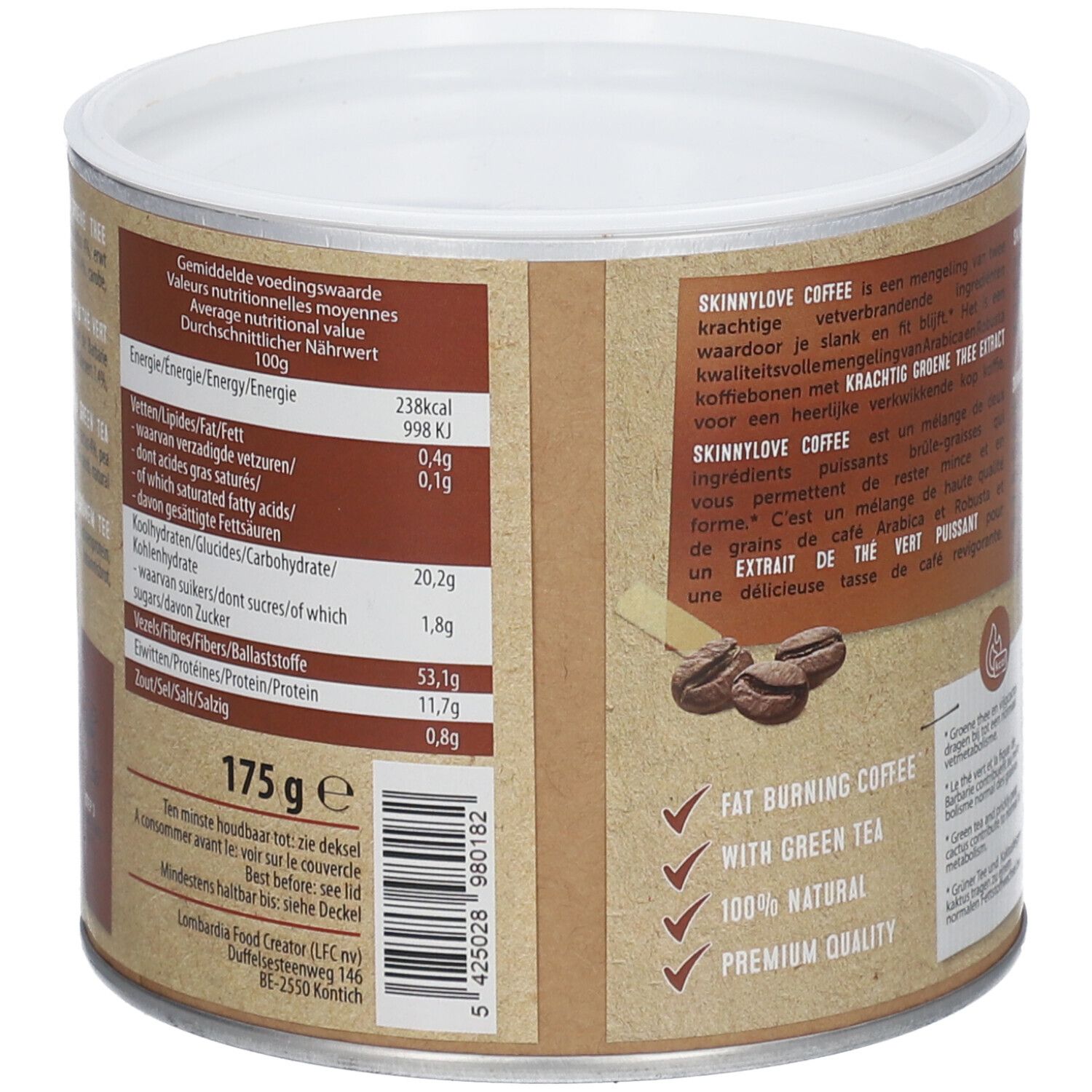 Rückseite der Dose SKINNYLOVE Kaffee Doppelte Fettverbrennung. Nährwertangaben und Inhaltsstoffe. 175g Dose.